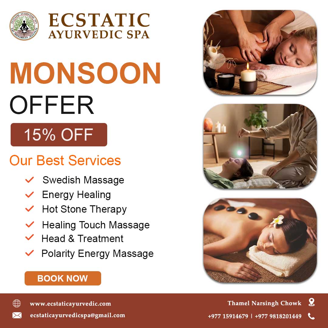 🌧️Monsoon Magic Offer!🌧️
Embrace the soothing rains with our exclusive 15% off Monsoon Special!🤩🤩

To book your appointment contact us at:
☎️Tel no: +977 15914679
📍 Narsingh Chowk, Thamel
🌐 ecstaticayurvedicspa.com.np

#MonsoonOffer #RainyDayDeals #BookNow #RelaxationTime #spaday