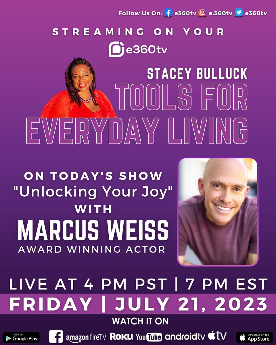 e360tv's tweet photo. On Today's Episode Tools for Everyday Living Show "Unlocking Your Joy" with Stacey Bulluck and the special guest Marcus Jacob Weiss!
Live at 4 PM PST | 7 PM EST
Friday | July 21, 2023 https://t.co/28OwaxGvs6