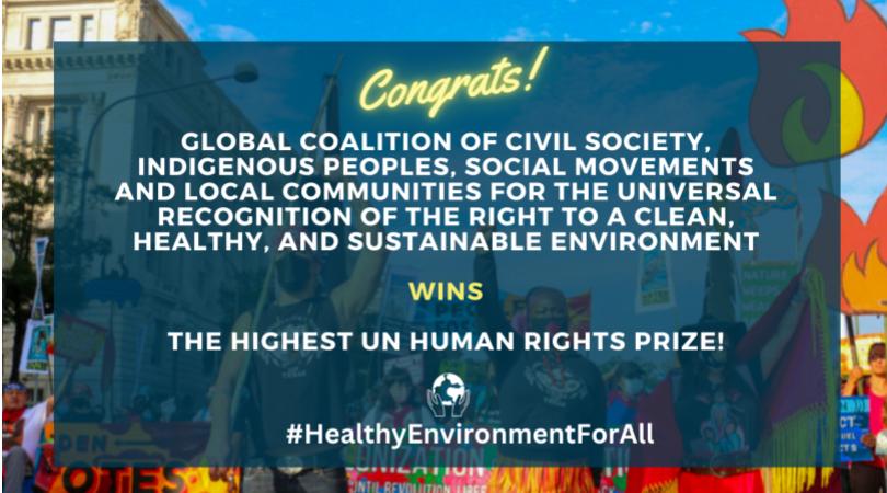 Cancer_Alliance's tweet photo. The right to a #HealthyEnvironmentForAll coalition won the highest @UN human rights award.

Today, we celebrate this Prize🥳 Tomorrow, we'll raise our voices - louder than ever - demanding action from States to ensure that the right can be enjoyed by all.

https://t.co/FxT58GBfrM https://t.co/9c4PEcpV6V