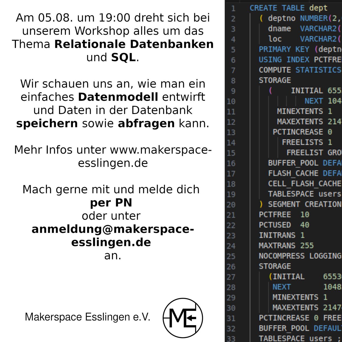 Am 05.08.23 ab 19:00 startet unser #Workshop zum Thema Relationale #Datenbanken &amp; #SQL. Wir schauen uns an, wie man ein einfaches #Datenmodell entwirft und #Daten in der Datenbank speichern und abfragen kann. Mehr Infos &amp; Anmeldung unter: makerspace-esslingen.de/relationale-da…
@stuttgarttweets