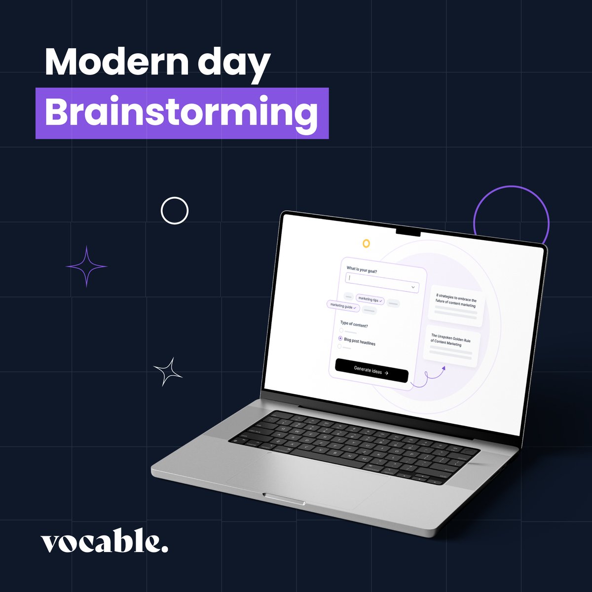 Vocable_ai's tweet photo. Take your brainstorming sessions to the next level with our ideation tool. Based on your topics and keywords, https://t.co/PfV813kZJg is your assistant in generating content ideas corresponding to the nature of your brand. 
Try now!

#ContentCreator #content #Management #AI #tool https://t.co/2S3zgNQAoi