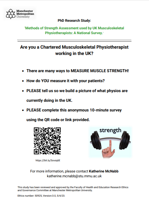 Are you a UK MSK Physio? 

Please consider completing this 10-minute, anonymous survey (ethically approved). 

WHY? 

Because strength measurement is integral to our practice and it would be great to know how you do it and why! 💪

bit.ly/3ovzq6E