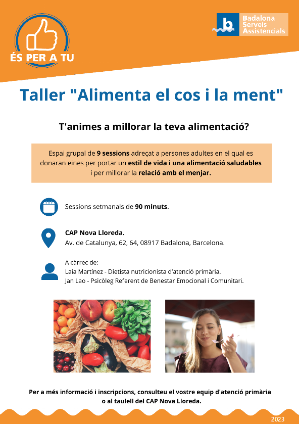 BSABadalona's tweet photo. 🆕 Taller 'Alimenta el cos i la ment'

Espai grupal adreçat a persones adultes en el qual es donaran eines per portar un estil de vida i una alimnetació saludables i per una millor relació amb le menjar. 

✅ 9 sessions
📍 CAP Nova Lloreda

Vols saber-ne més? 👀 https://t.co/NPxsWTvEQT