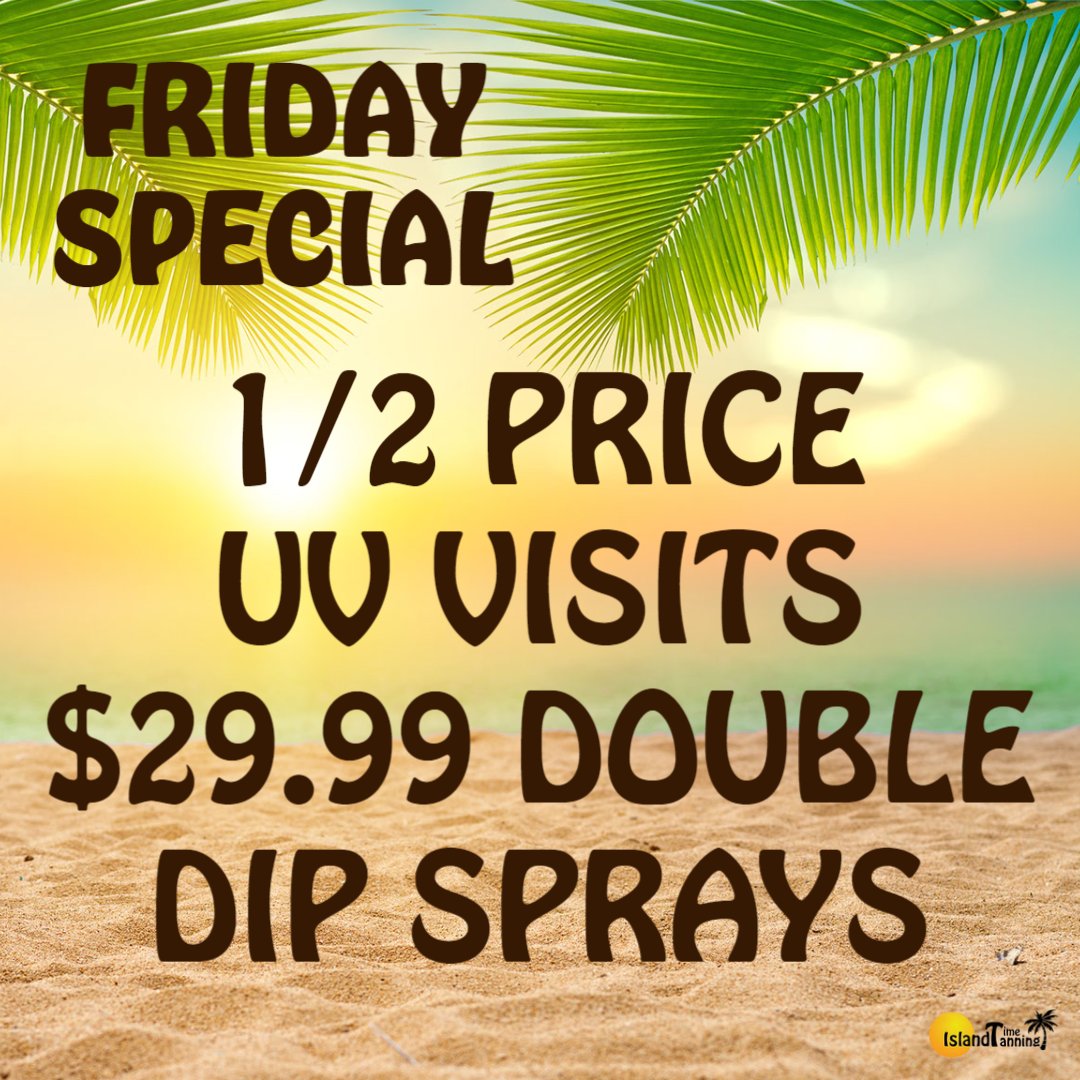 Check out our Friday Special!  Where else are you going to tan for 1/2 price today! #FridaySpecial #TanDeals #HalfPriceTan #TanningPromo #GetYourGlowOn #TanForLess #FridayDiscount
