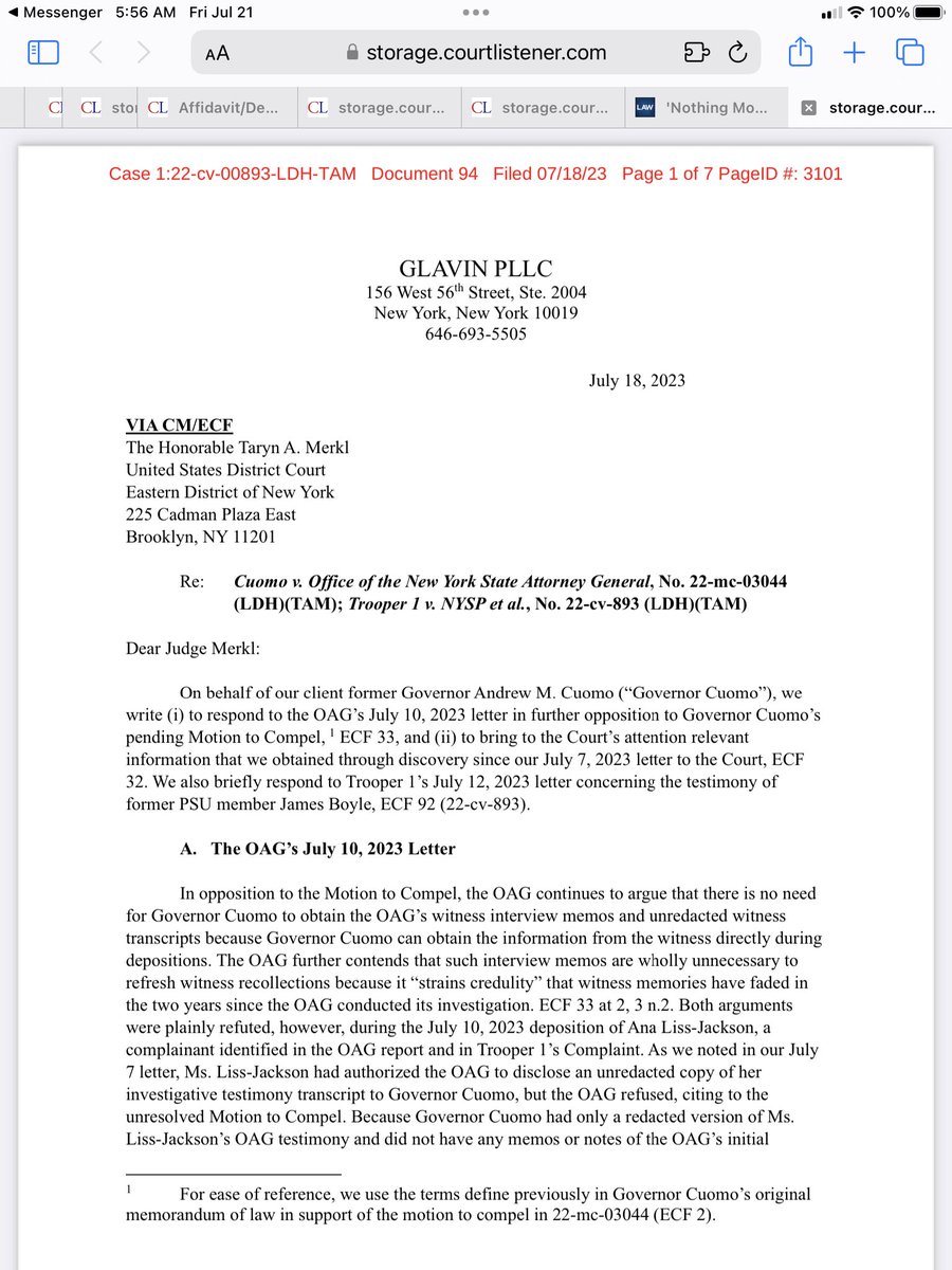 Letter Responding to OAG's July 10, 2023 Letter and Trooper 1's July 12, 2023 Letter (ECF 92) by Andrew Cuomo.  https://t.co/TiHMMtgH3E https://t.co/pp8WtL3rP7