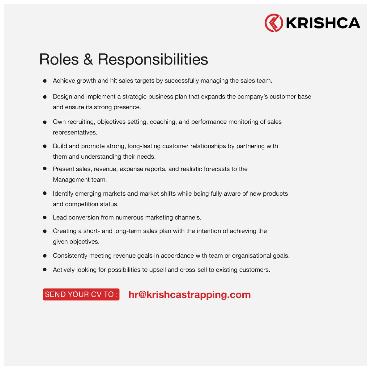 Krishcastrapps's tweet photo. We Are Hiring! We are looking for an experienced Sales Manager to join our company.
.
.
.
.
#krishcastrappings #steelstrapping #strappingmachine #strappingtools #strapping #polyesterstrapping #industrialpackaging #sawmillbusiness #stretchwrap #stretchfilm l https://t.co/xBM595o7B8