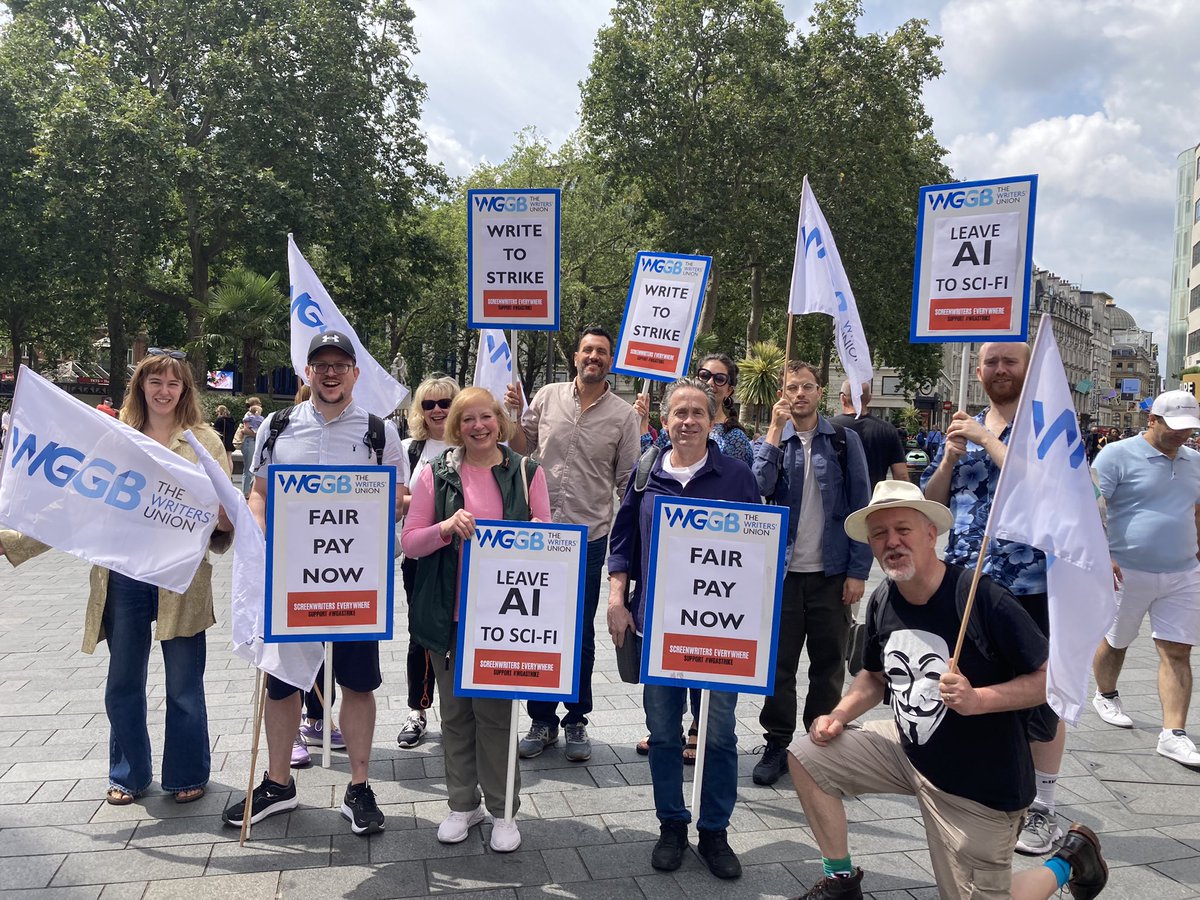 We’re out in Leicester Square today supporting <a href="/EquityUK/">Equity</a> on their rally to support <a href="/sagaftra/">SAG-AFTRA</a> and all entertainment workers striking in the US including <a href="/WGAWest/">Writers Guild of America West</a> <a href="/WGAEast/">Writers Guild of America East</a>