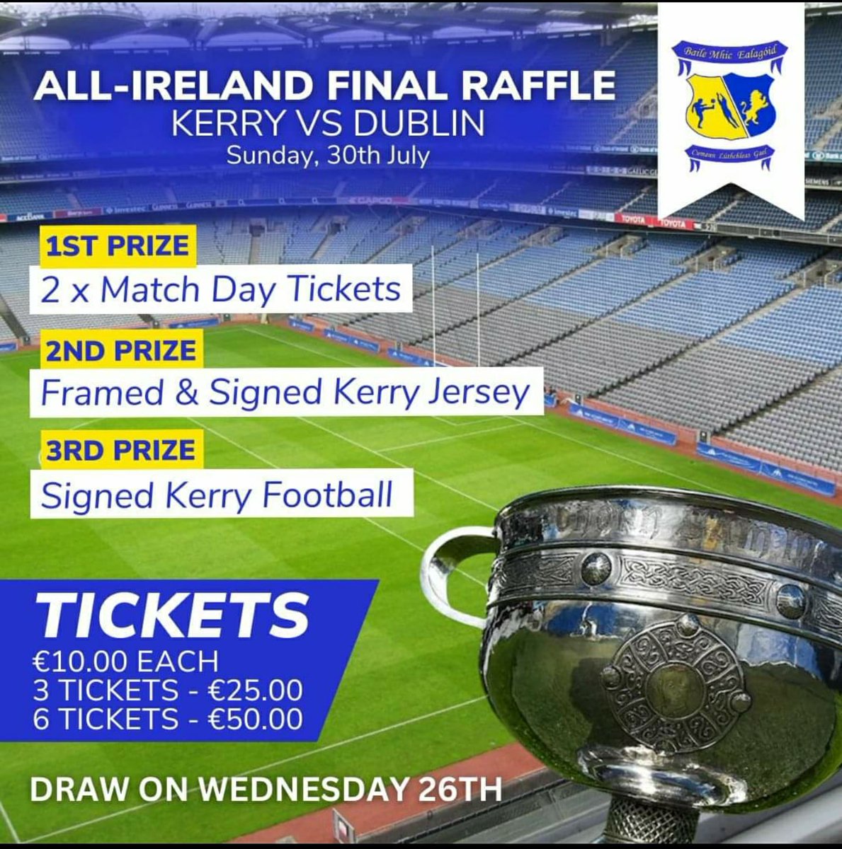 idonate.ie/raffle/Ballyma…
All Ireland Final Draw
Kerry V Dublin
Sunday 30th July
1st Prize 2 X Match Day Tickets
2nd Prize Framed &amp; Signed Kerry Jersey
3rd Prized Signed Kerry Football

Tickets €10 Each 
3 for €25 or 6 for €50

Draw Takes Place
Wednesday 26th July