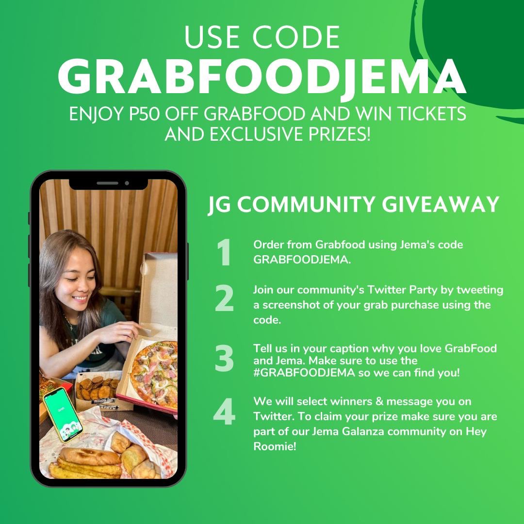 QueenJGOfficial's tweet photo. Sabay-sabay sumigaw sa excitement for the games! 

May GrabFood promo code na rin si Jema! Use GRABFOODJEMA for every purchase for 50 pesos off, may chance pa manalo ng PVL tickets. 

July 21-31 lang 'to guys 'wag palampasin!

Join our community's Twitter Party by tweeting a screenshot of your grab purchase using the code.

Tell us in your caption why you love GrabFood and Jema. Make sure to use the #GRABFOODJEMA so we can find you!

We will select winners & message you on Twitter. To claim your prize make sure you are part of our Jema Galanza community on Hey Roomie!

#GRABFOODJEMA 
JEMAxGrabFoodPH
