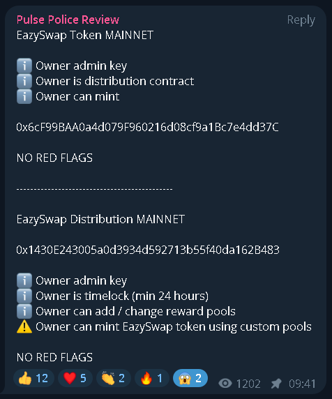 OG_TAngent's tweet image. PulsePolice did not find any red-flags for #EasySwap.
[however they don&apos;t appear to have a twitter account nor Telegram group..] reply to this if you know of any socials for them.