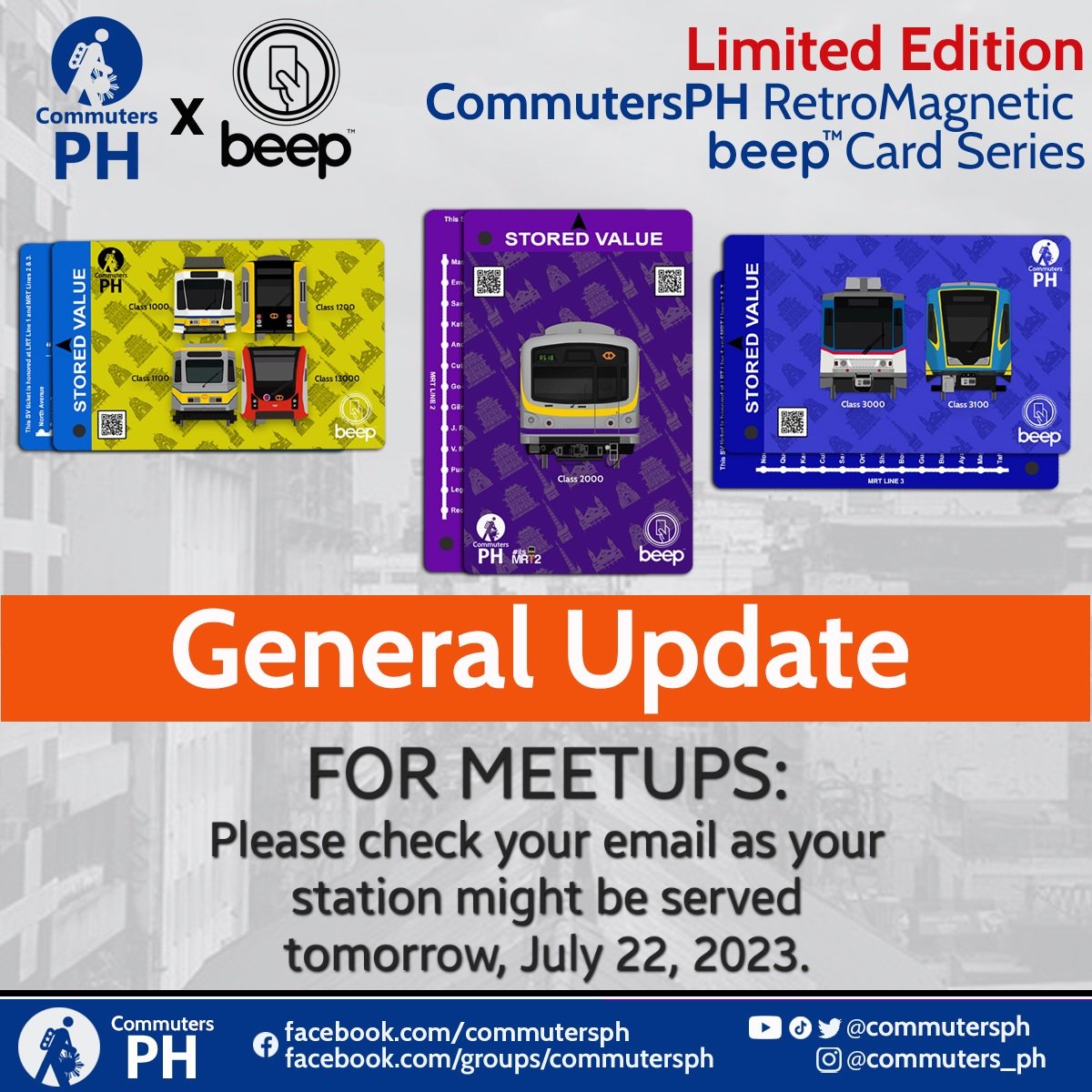 commutersph's tweet photo. NOTICE: For meetups, please see your email inboxes. Your stations might be served tomorrow, July 22, 2023.

If no email received. It means your station is not yet served tomorrow and will probably be served next week. Please wait for our email blast.

Thank you. https://t.co/fd5eoRnTRW