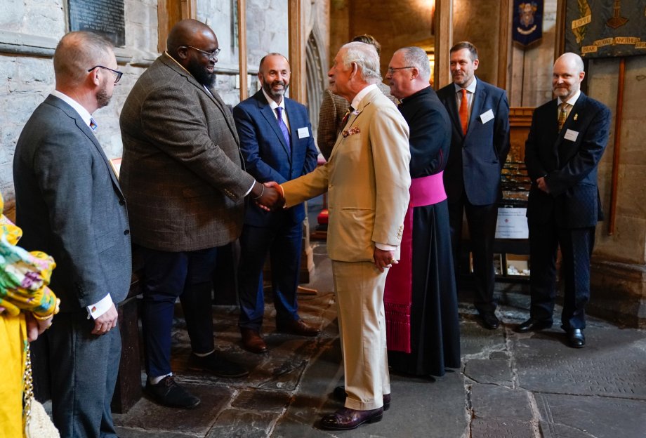 MikesVoice's tweet photo. The King visited Brecon yesterday and I had the honour of being presented to him at the Cathedral. I'm on the far right looking smug! https://t.co/5MhwmjmwZh