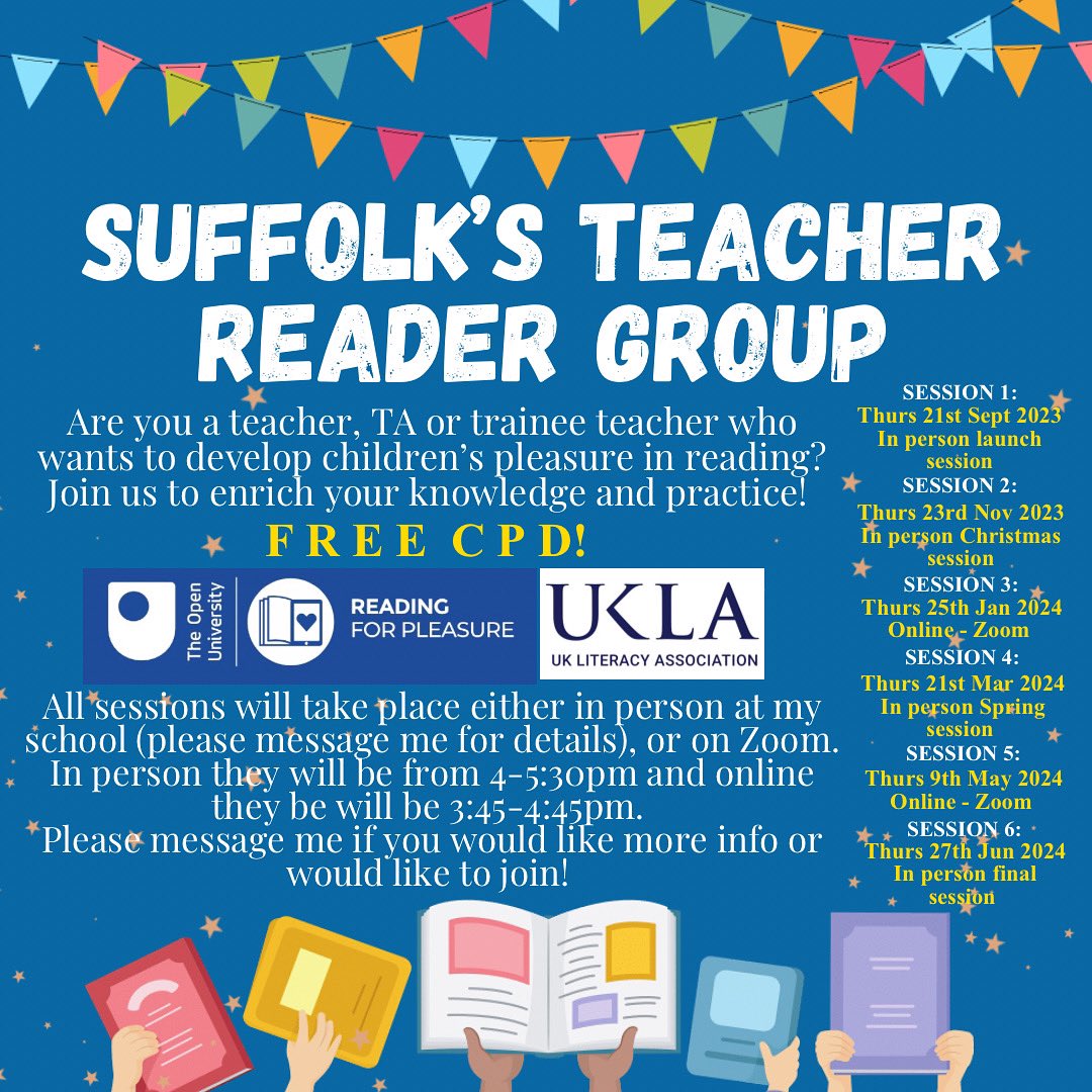 Barnhamlearners's tweet photo. Join us next year for the Suffolk Teacher Reader Group if you are local! Free CPD for all teachers, TA’s, trainees &amp; librarians wanting to develop their children’s pleasure in reading and enrich their own knowledge and practice!📖
21/09/23 at our school📚 @The_UKLA @OpenUni_RfP https://t.co/0hl2lHXHT0