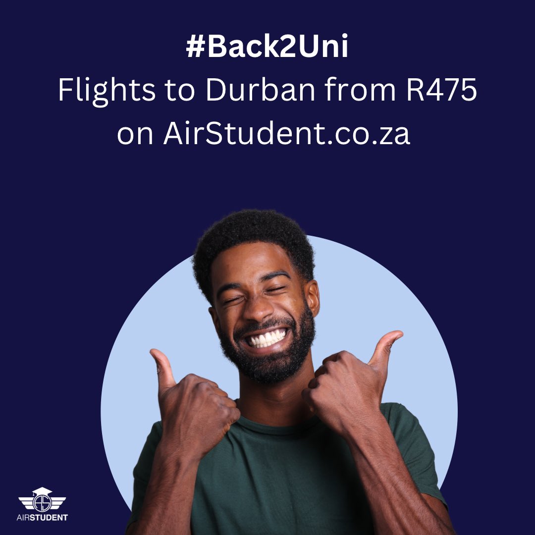 airstudentSA's tweet photo. #Back2Uni made cheaper 📚

Johannesburg to Durban from R475 on https://t.co/Gc2V9SWW5y ✈️💻 https://t.co/79PN0EWtv3
