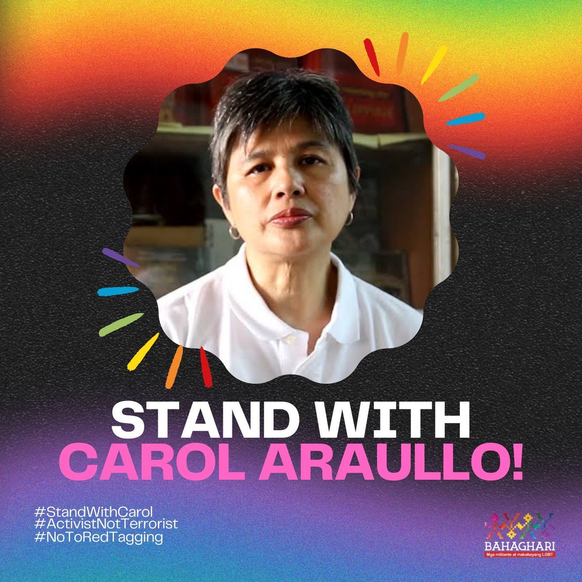 BAHAGHARI STANDS WITH DR. CAROL ARAULLO! NO TO RED-TAGGING!

Bahaghari stands with Dr. Carol P. Araullo in her civil case against the pathological red-taggers and admin sycophants Lorraine Badoy-Partosa and Jeffrey Celiz.

#StandWithCarol
#ActivistsNotTerrorists
#NoToRedtagging