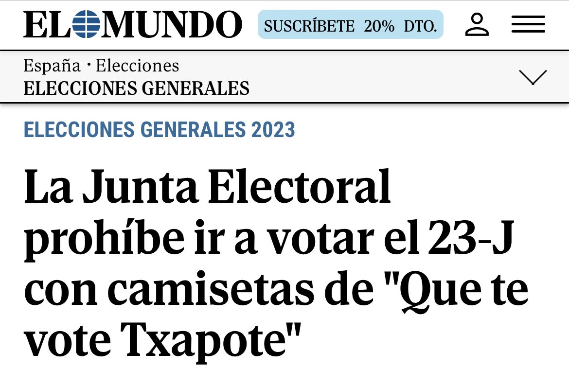 Como creador de las camisetas me veo obligado a responder: no, la Junta Electoral no nos puede prohibir eso. Es ilegal y ha sido recurrido, vulnera nuestros derechos civiles. El 23J, llevad la camiseta que os apetezca. Ya está bien.