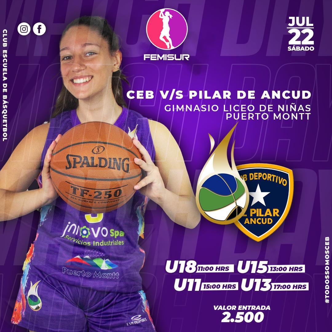 ⚪️🟣Femeninas CEB ⚪️🟣

Vamos por una nueva fecha Femisur Región de los Lagos este fin de semana   somos local.

🏆 #femisur 
🆚 @cdelpilardeancud 
⏰ Desde las 11:00 hrs 

#TodosSomosCeb #VamosCEB #puertomontt @chilefeba <a href="/femisur/">Femisur</a>