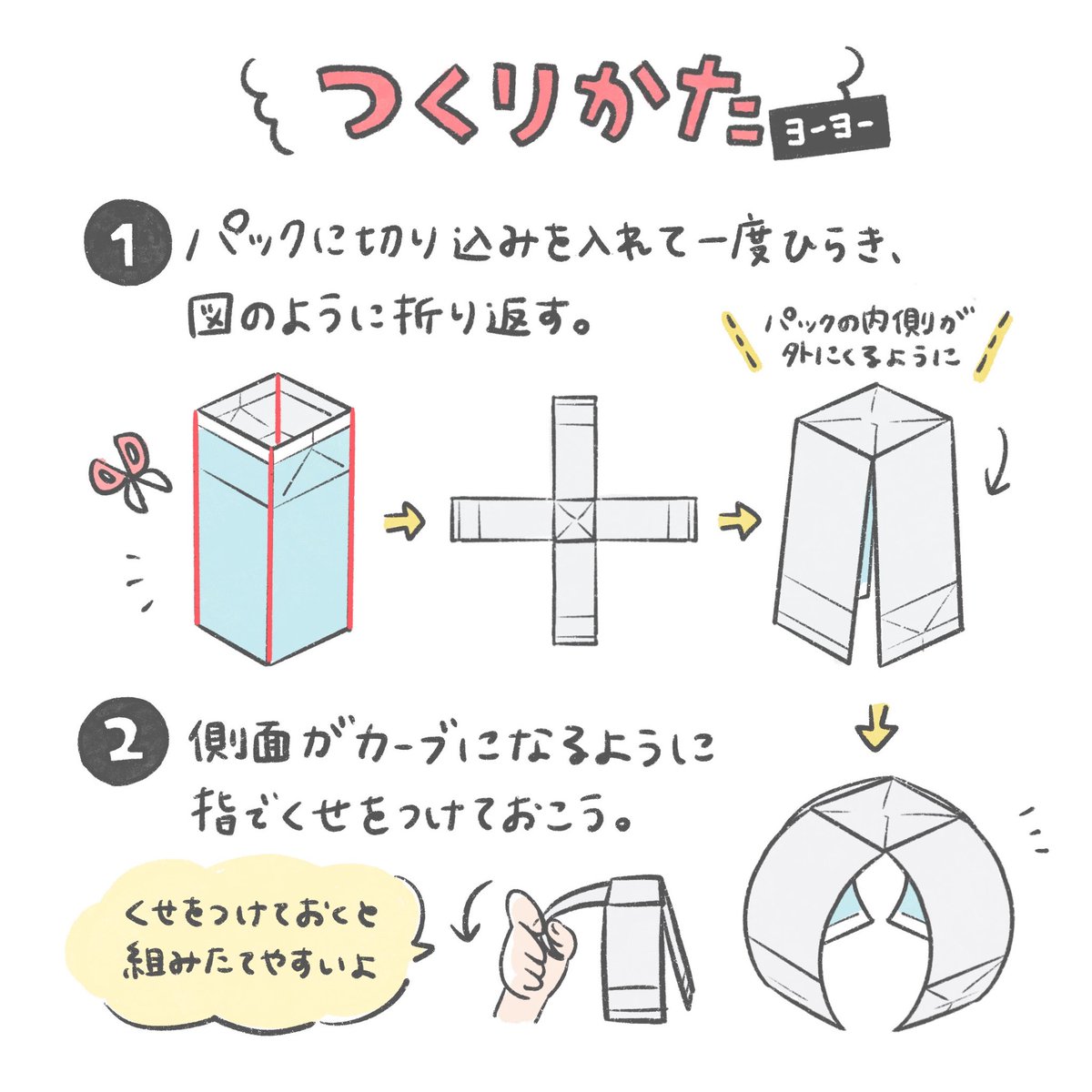 「ヨーヨー&ちょうちん」(1/2) 幼児のみもののパックを使って、小さめのヨーヨーとちょうちんをつくったよ。 #むの手作りおもちゃ #PR #幼児のみもの