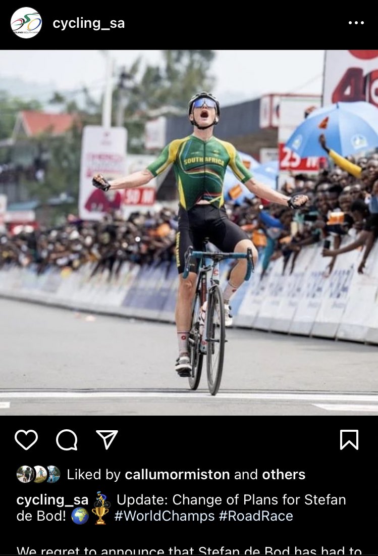 🇿🇦 Stefan de Bod has pulled out of the World Championships and is replaced by Tour du Rwanda stage winner <a href="/callumormiston/">Callum Ormiston</a> 
<a href="/Cycling_SA/">Cycling South Africa</a>