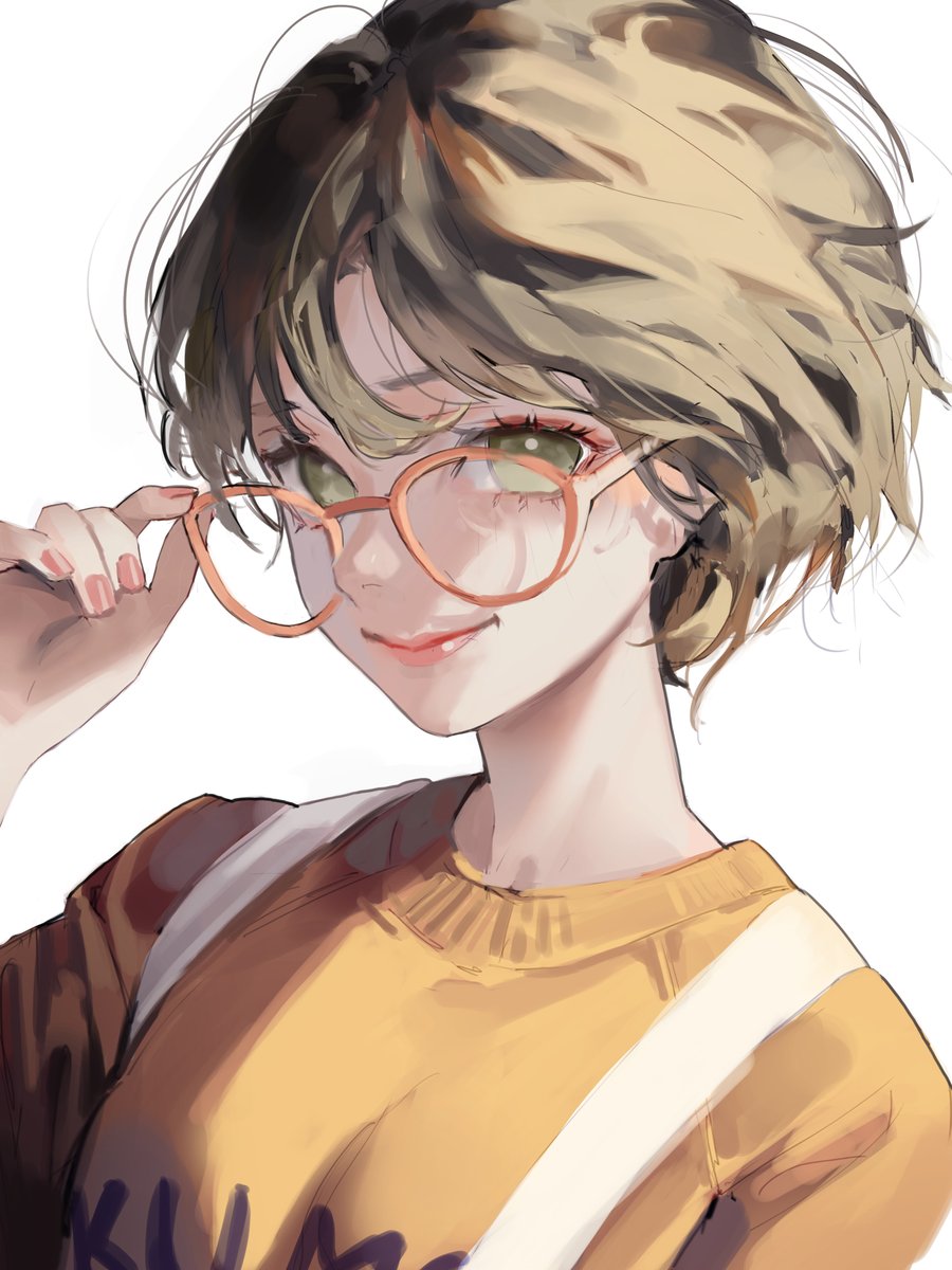 1girl solo glasses short hair white background smile simple background  illustration images