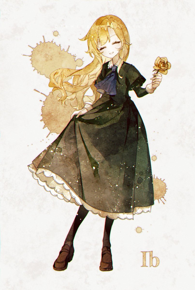 mary (ib) 1girl flower dress solo long hair yellow flower blue ascot  illustration images