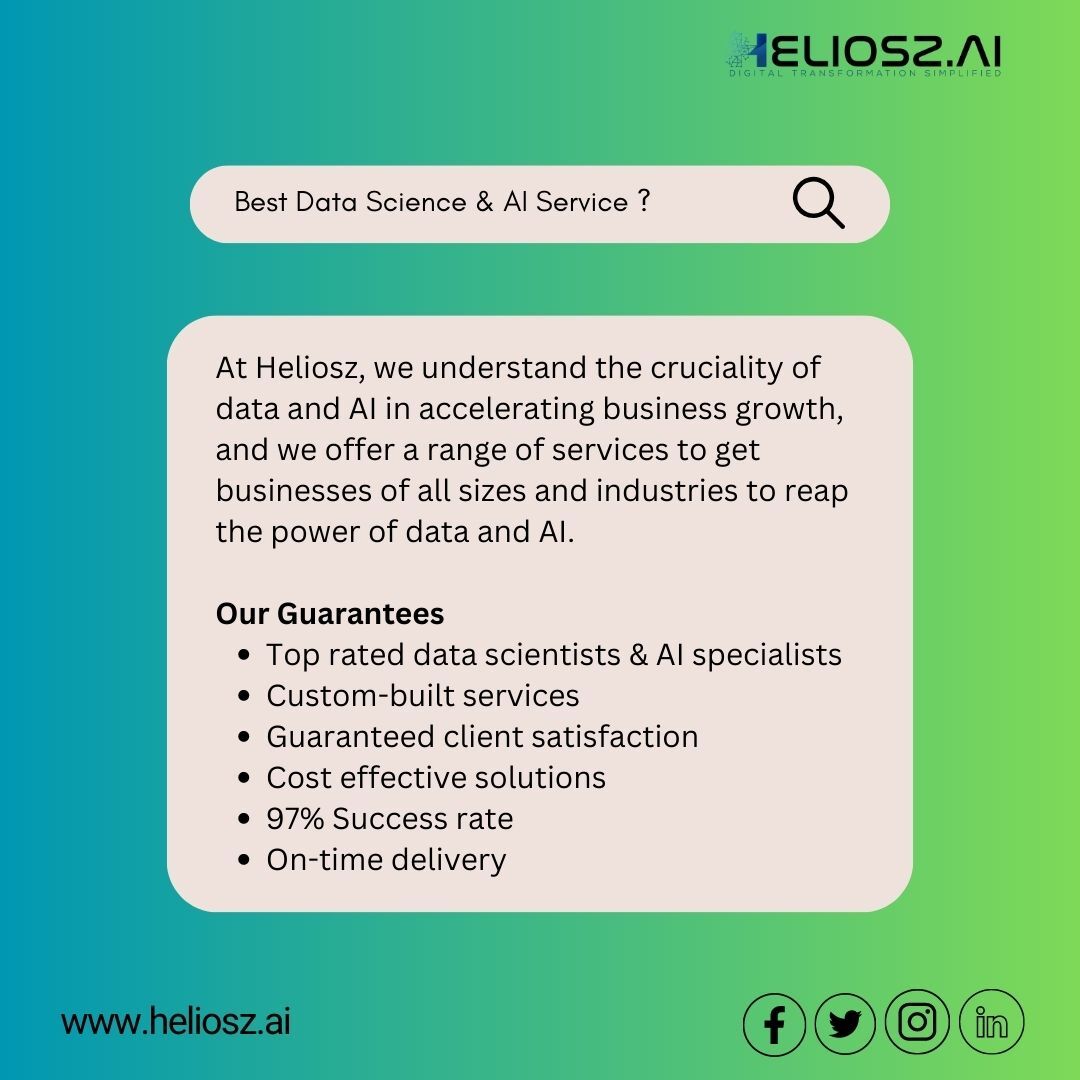 Data science and AI services leverage data and artificial intelligence techniques to gain insights, make predictions, and automate processes. Our services at Heliosz are used across various industries to solve complex problems and drive business growth.  #datascience #aiservice