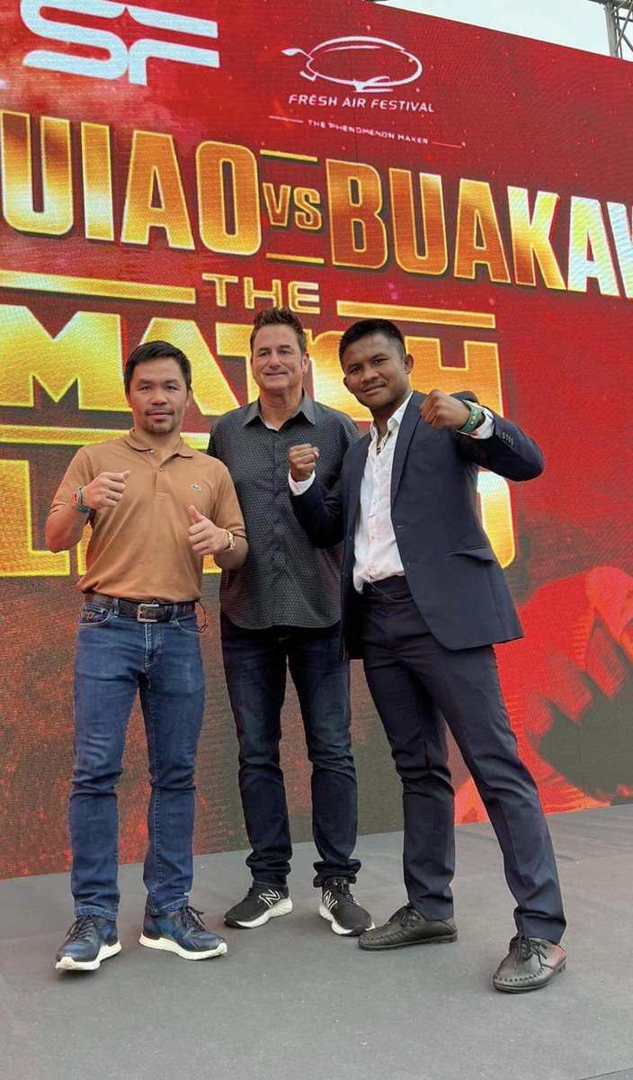 AJArietaPH's tweet photo. Boxing Legend @MannyPacquiao vs Muay Thai Legend @Buakaw113 with MP Promotions President @KnuckleheadSean to announce their Legend vs Legend match in Bangkok, Thailand.
#VivaMP🇵🇭❤
#PacquiaoBuakaw🇵🇭🇹🇭 https://t.co/npIjWpz41I