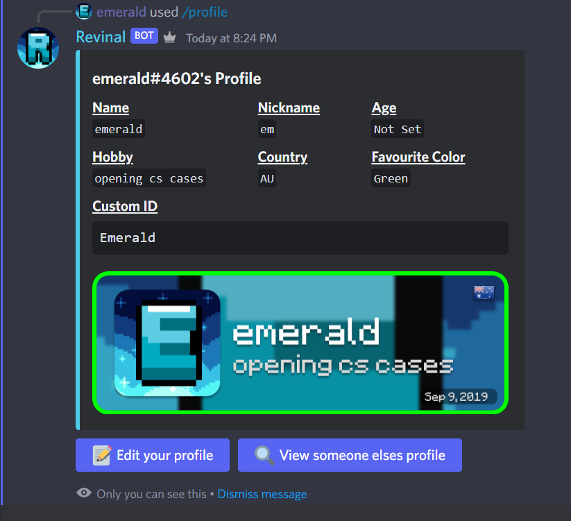 revinalbot's tweet photo. Come check out Revinals newest feature the Profile System

Create and edit your profile which will be global among all servers Revinal is in

Invite @ https://t.co/w5nMbzXliX https://t.co/EPN2nN02UV
