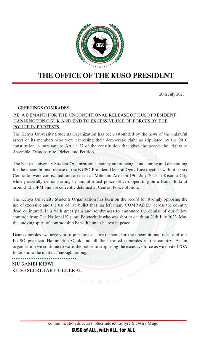 Tom π°πͺ (@tomkin_17) on Twitter photo We as comrade fraternity are demanding unconditional release of <a href="/OgukGenerol/">Generol Oguk Lusi</a> KUSO President who was arrested exercising his constitutional rights according to CoK2010 Article 37, Kenya is a country governed by rule of law not dictatorship We as comrade fraternity are demanding unconditional release of <a href="/OgukGenerol/">Generol Oguk Lusi</a> KUSO President who was arrested exercising his constitutional rights according to CoK2010 Article 37, Kenya is a country governed by rule of law not dictatorship