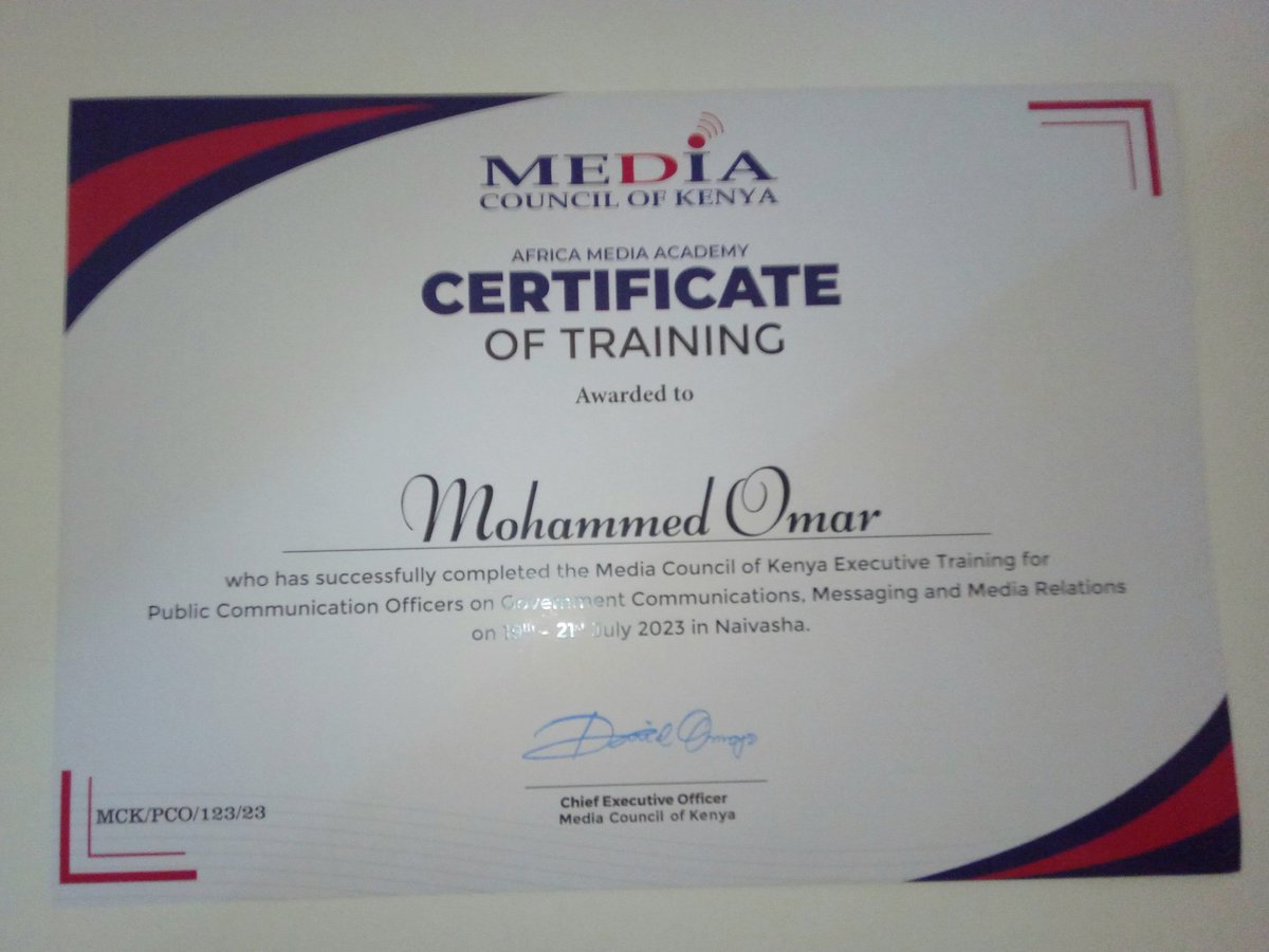 swaiban's tweet photo. Honoured to have successfully completed the @MediaCouncilK executive training for Public communication officers on Government Communications, Messaging and Media Relations in Naivasha Alhamdhulillah 
#KePCOtraining https://t.co/SKw9KoIlCn
