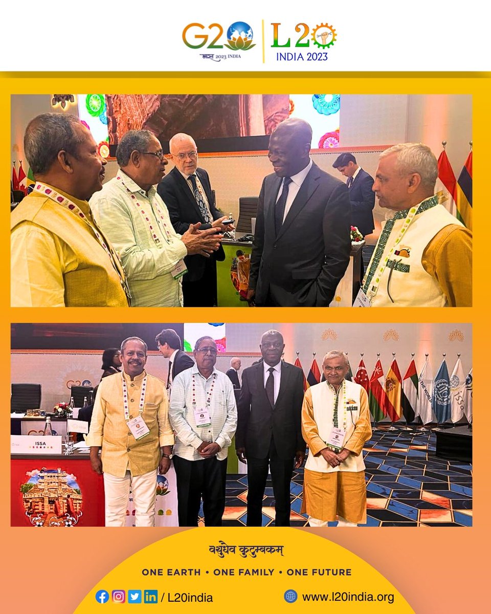 L20 delegation met <a href="/ilo/">International Labour Organization</a> Director General <a href="/GilbertFHoungbo/">Gilbert F. Houngbo</a> at the Labour and Employment Ministers Summit. 
Forging synergies to raise the issues  of workers in the  global south is one of the key imperatives of #L20 in India.
#L20india #G20LEMM #G20
<a href="/BMSkendra/">Bharatiya Mazdoor Sangh</a> <a href="/g20org/">G20 South Africa</a>