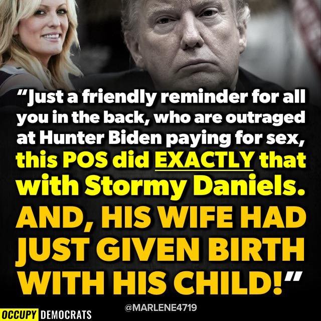 TonyHussein4's tweet photo. Marjorie Taylor Greene, Republicans, and Fox News are outraged that Hunter Biden paid for consensual sex. Donald Trump did exactly that with Stormy Daniels, when his wife had just given birth to his child. But Trump went much further. He also raped E. Jean Carroll. https://t.co/gDIewLJzCn
