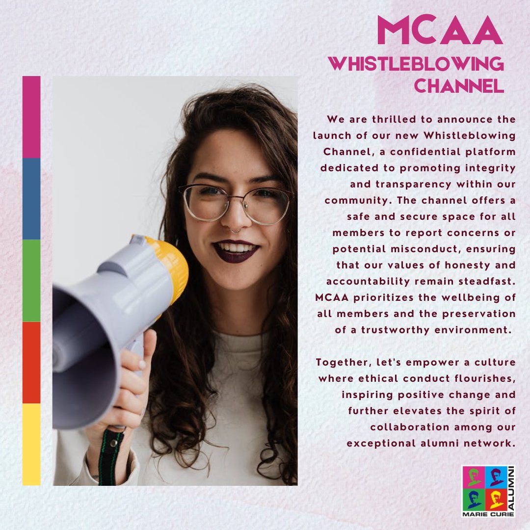 📢 We are proud to launch the #MCAA whistleblowing channel!

A new channel which provides a secure and confidential platform for members to report any form of unethical behaviour they have witnessed or experienced first-hand.

Find more about it here: mariecuriealumni.eu/mcaa-whistlebl…
