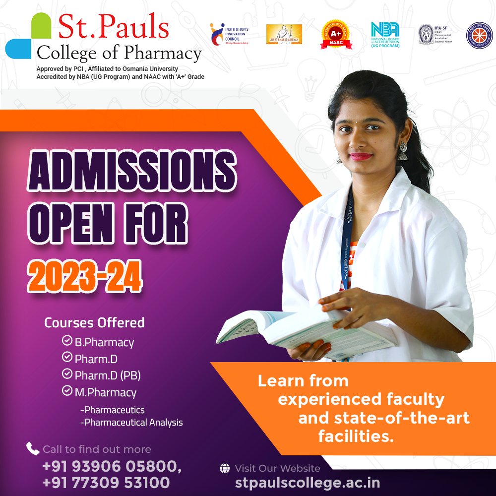 stpaulspharmacy's tweet photo. Unlock Your Potential at #StPaulsCollegeOfPharmacy! Learn from best with our experienced faculty & experience state-of-the-art facilities that empower your educational journey like never before.
#AdmissionsOpen2023_24 #Pharmaceutical #Pharm_D #B_Pharmacy #M_Pharmacy #Pharm_D_PB https://t.co/jhz1AkyaDq