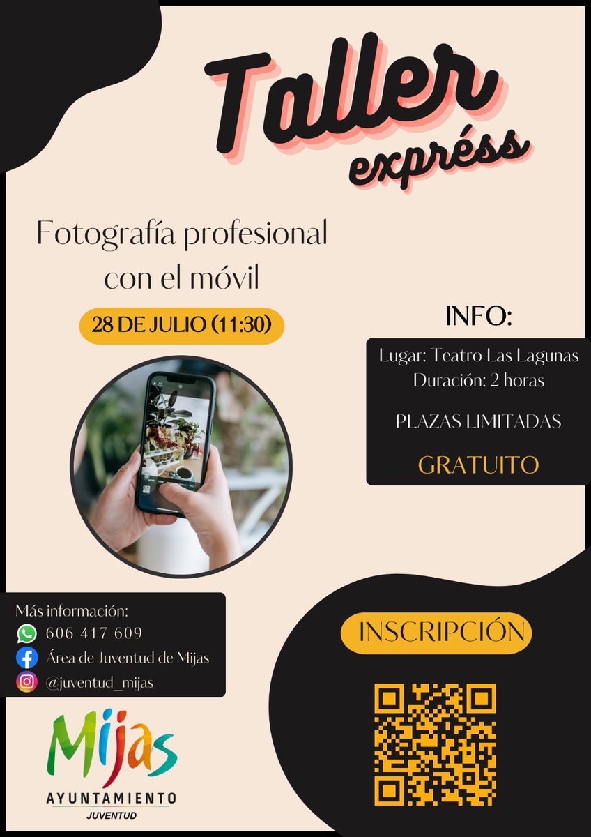 📣TALLER DE FOTOGRAFÍA PROFESIONAL CON EL MÓVIL📱
📌DINÁMICA CON PRÁCTICAS

DÍA: 28 DE JULIO
Horario: 11:30

🕜Duración: 2 horas
📍Lugar: Teatro de Las Lagunas

PLAZAS LIMITADAS‼️

+INFO por Whatsapp: 606417609