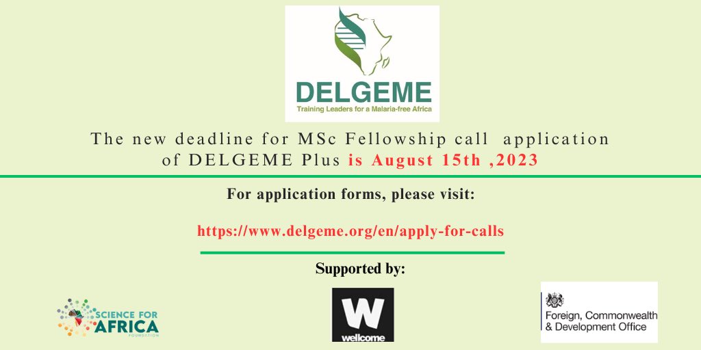 The new deadline to apply to DELGEME Plus MSc Fellowship is August 15th ,2023. A 2-year training course in AMR. Please click on this link to see: delgeme.org/en/apply-for-c… @SciforAfrica @wellcometrust @FCDOGovUK @Afroscientist @djimdeab @PDNA11