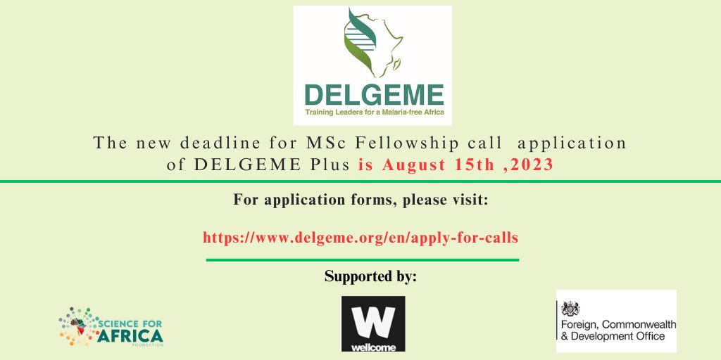 DELGEME PLUS (@delgeme1) on Twitter photo The new deadline to apply to DELGEME Plus MSc Fellowship is August 15th ,2023.
A 2-year training course in AMR.
Please click on this link to see:
delgeme.org/en/apply-for-c…
<a href="/SciforAfrica/">Science for Africa Foundation</a> <a href="/wellcometrust/">Wellcome</a> <a href="/FCDOGovUK/">Foreign, Commonwealth & Development Office</a>
<a href="/Afroscientist/">Tom Kariuki, PhD</a> <a href="/djimdeab/">Abdoulaye DJIMDE</a> <a href="/PDNA11/">PDNA</a> The new deadline to apply to DELGEME Plus MSc Fellowship is August 15th ,2023.
A 2-year training course in AMR.
Please click on this link to see:
delgeme.org/en/apply-for-c…
<a href="/SciforAfrica/">Science for Africa Foundation</a> <a href="/wellcometrust/">Wellcome</a> <a href="/FCDOGovUK/">Foreign, Commonwealth & Development Office</a>
<a href="/Afroscientist/">Tom Kariuki, PhD</a> <a href="/djimdeab/">Abdoulaye DJIMDE</a> <a href="/PDNA11/">PDNA</a>