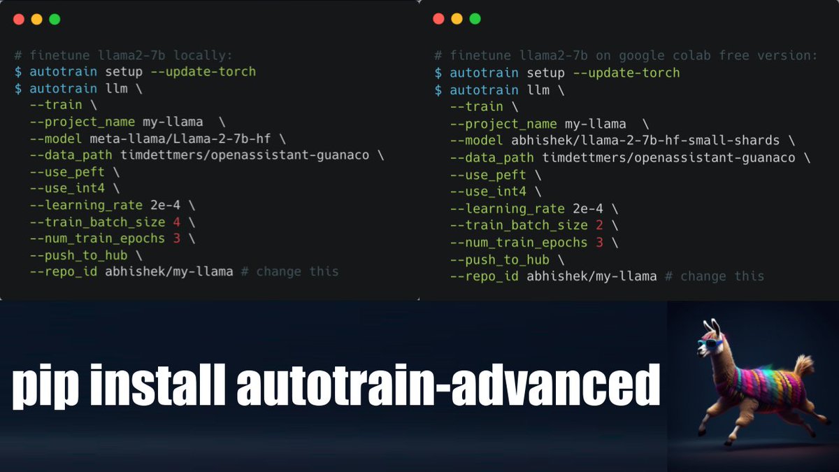 abhi1thakur's tweet image. How to finetune llama2 on custom dataset (on google colab or on a local machine or anywhere) in just one image! 🚀
