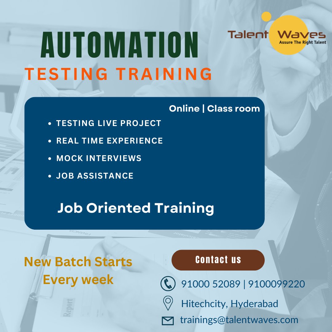 talent_waves's tweet image. 🔹 Automation Testing Training 🔹

👉 The batch starts every week

🌐 Visit: talentwaves.com

📨 Contact Us: talentwaves.com/contact-us/

📞 Call Now: +91 9100052089 | +91 91000 99220
#testing #testingautomation #manualtesting #selenium #seleniumautomation