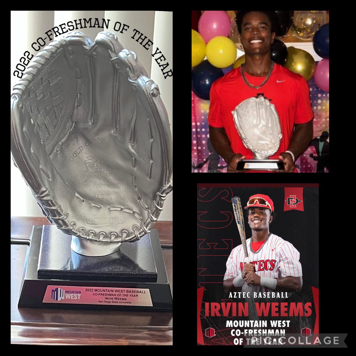 teeweems_'s tweet photo. Irv received his trophy for his Co-Freshman of the Year honors from the 2022 season over the weekend while in San Diego..

We’re proud of you as always…

Thank you to everyone who continuously supports Irvin. We appreciate you! 

Go Aztecs❤️🖤⚾️❤️🖤
@irvweemsss https://t.co/vN69zP0SLA