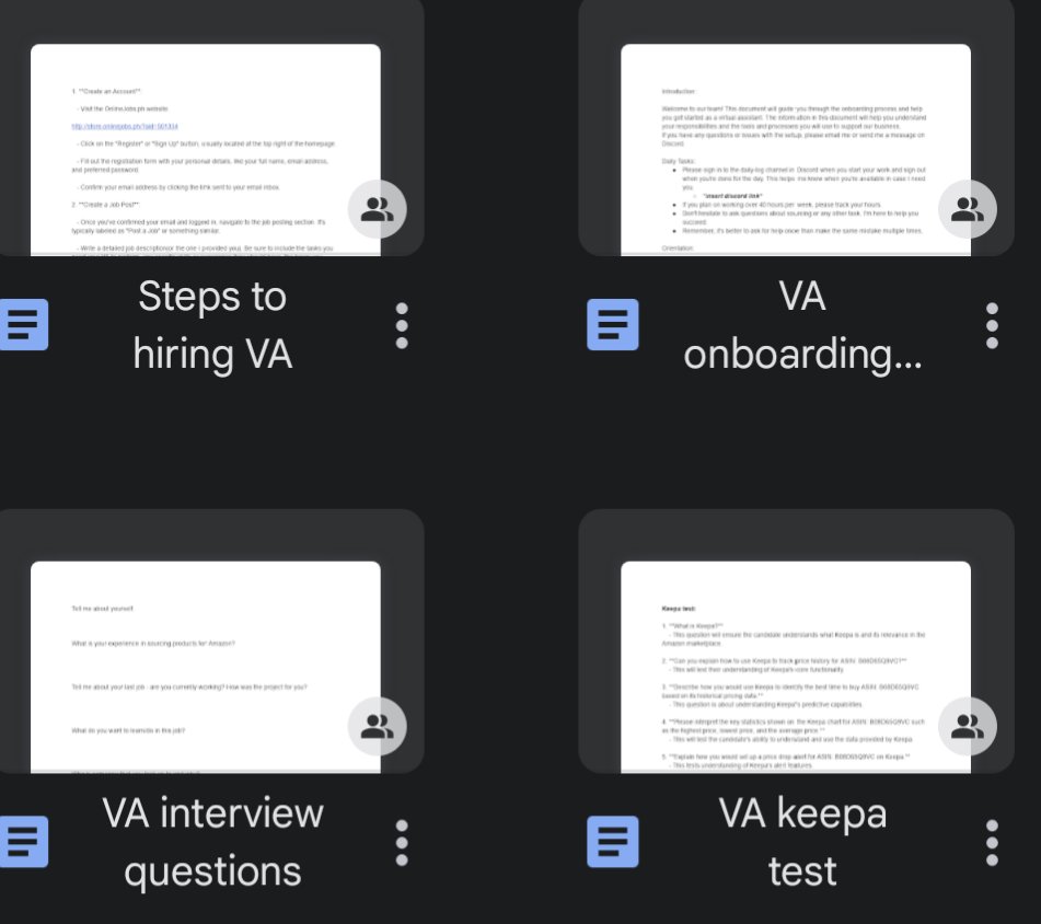 RealAntMancini's tweet image. Looking to eventually hire a VA?

I&apos;m giving away my full VA package for FREE($100 value)

-SOP for hiring your VA
-Interview questions for your VA
-Keepa test for your VA
-Full onboarding process with SOPs included

Retweet this + reply &quot;VA&quot; and I&apos;ll send it

Must be following