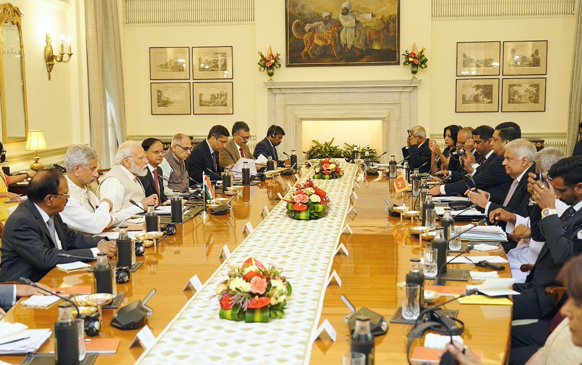 narendramodi's tweet photo. Glad to welcome President Wickremesinghe. I congratulate him on completing a year in office and working for Sri Lanka’s progress with great courage. Sri Lanka is key to our 'Neighbourhood First' and 'SAGAR' efforts and thus, we discussed ways to deepen bilateral ties. @RW_UNP https://t.co/Dz3A8j4BPg