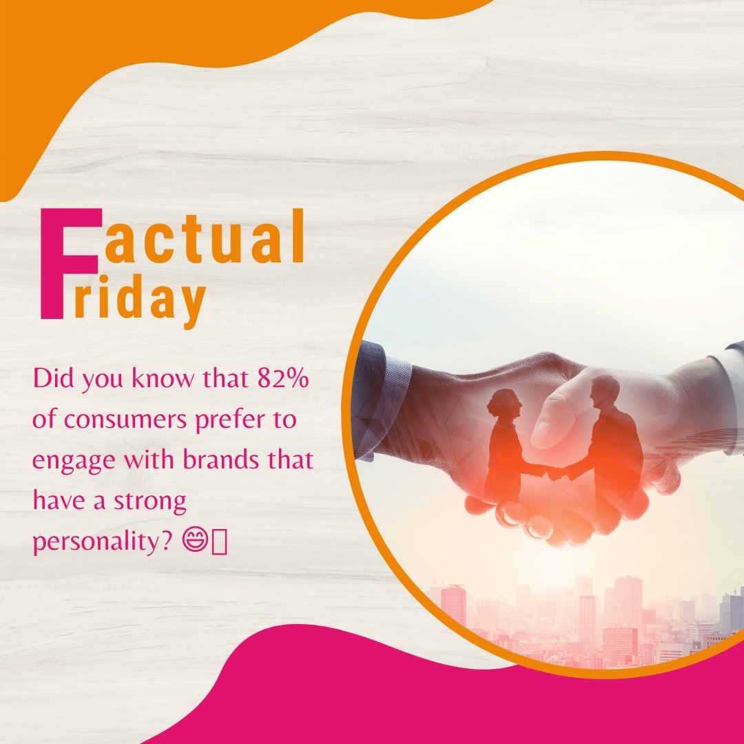 🧠 FACTUAL FRIDAY 💡
It's essential to make your brand memorable and relatable. Developing a unique personality sets you apart and helps you forge deeper connections with your target audience. 🌟🤝 #FactualFriday #BrandPersonality #MemorableBrand #CreativeBranding