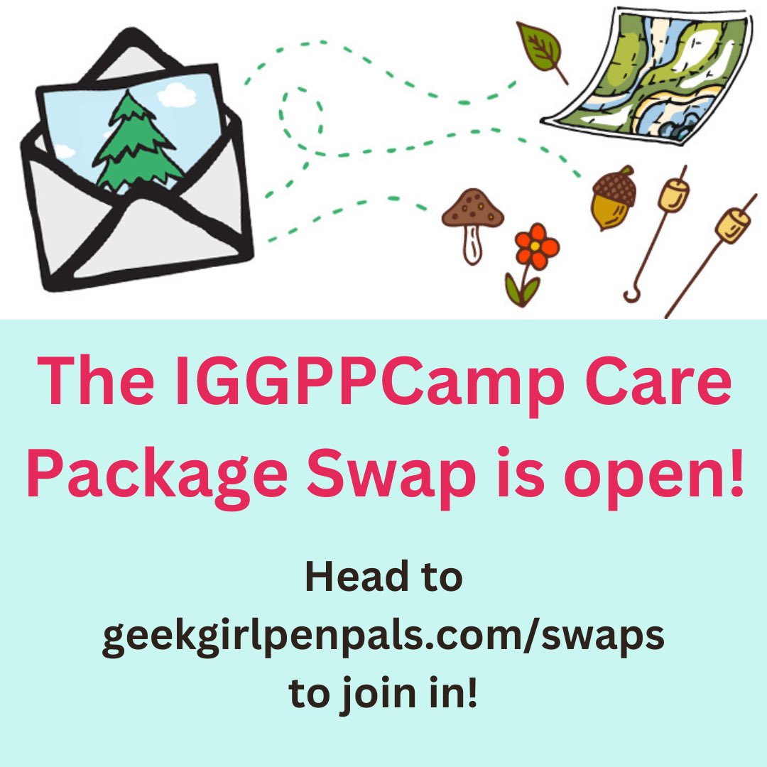 Our beloved IGGPPCamp is coming up soon! Sign up for the camp care package swap to send and receive fun, geeky surprises to enjoy at camp ⛺️   

The sign up deadline is July 30.  

To sign up or find out more, head to: geekgirlpenpals.com/get-involved/s…