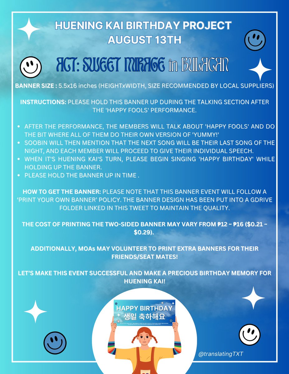 translatingTXT's tweet photo. ⭐️ HUENING KAI - BIRTHDAY BANNER EVENT - ACT: SWEET MIRAGE in Bulacan⭐️

📅 August 13th, Philippine Arena

🖇️ https://t.co/Fuz8q2xwVk

Please refer to the attachments in this tweet for more details!

@TXT_members @TXT_bighit https://t.co/yYufTq3buU