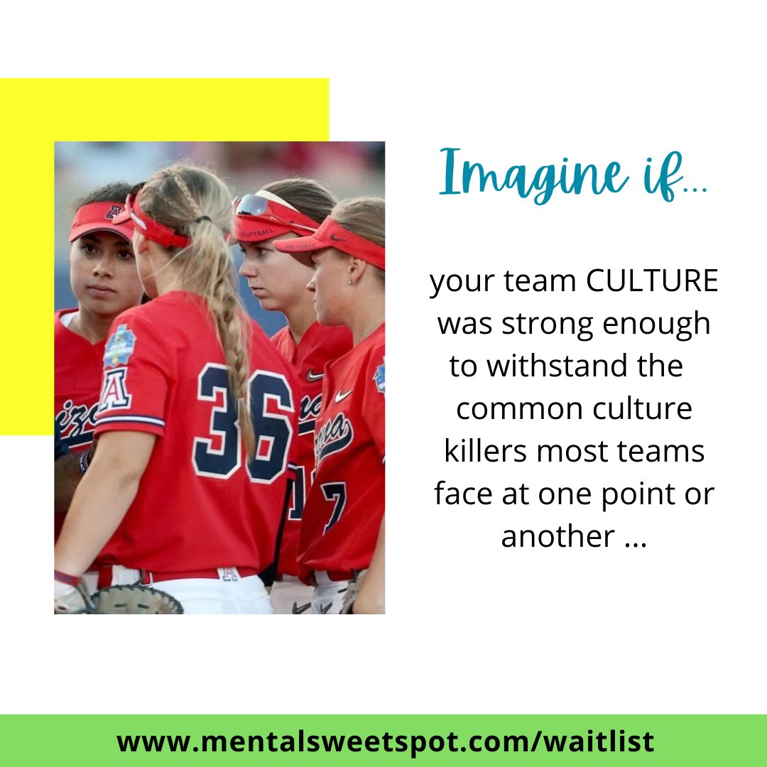 There IS a way to identify culture killers early so you can get back on track fast! You will build a custom blueprint for that in the Softball coaches culture bootcamp. Doors open July 24.
We kick off Aug 7 &amp; u won't want to miss the Grand Finale Aug 14!
mentalsweetspot.com/waitlist
