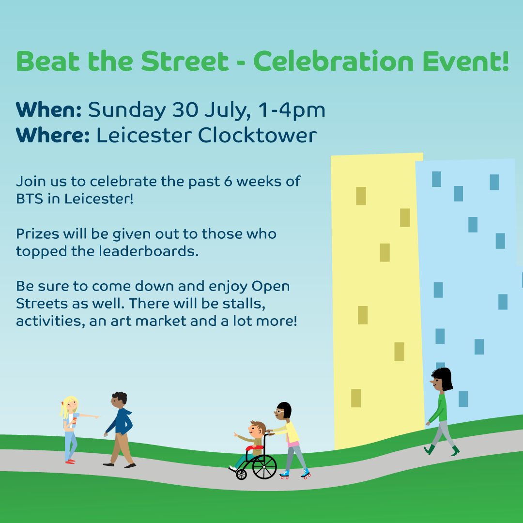 BTSLeicester's tweet photo. 📢 CELEBRATION EVENT ANNOUNCEMENT 📢
Calling all #BeattheStreet players! Join us and @ActiveLeicester at Open Streets on Sunday 30 July, 1 – 4pm as we mark your achievements in the game this year🎉 
Find us at the Leicester Clocktower! 🗺🔍

@CRTEastMidlands 
@Leicester_News https://t.co/BOxl5L7BHN