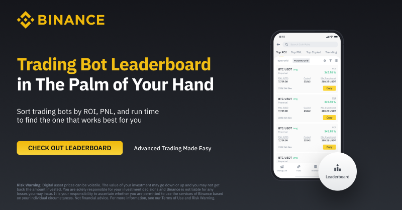 binance's tweet photo. Optimise your #Binance Trading Bot experience with our new leaderboard.

Filter by ROI, PNL, and run time to find the ones that suit your trading style.

Check it out here ⤵️