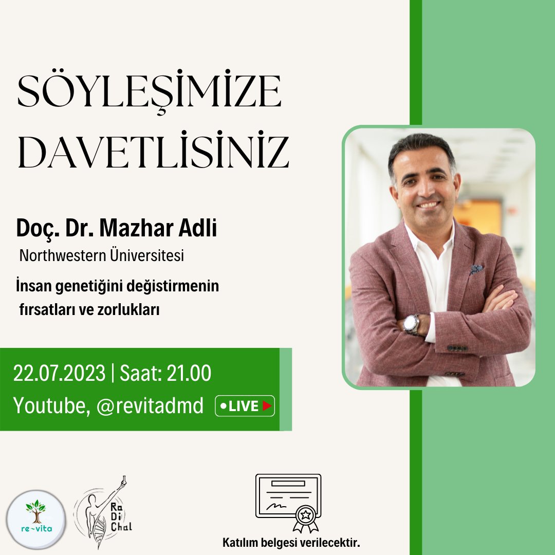 revitadmd's tweet photo. Merhaba, 22 Temmuz 2023 tarihinde Doç. Dr. Mazhar Adli hocamızla "İnsan genetiğini değiştirmenin fırsatları ve zorlukları" adlı söyleşimizi gerçekleştireceğiz. Canlı yayın youtube hesabımızdan gerçekleşecektir. Katılımlarınızı bekliyoruz.💫
@MazharAdli @CihanTastan_PhD https://t.co/hQBZwpNUuo
