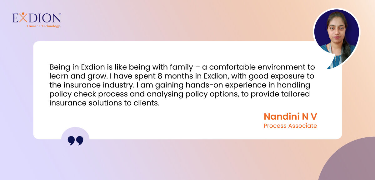 exdioninsurance's tweet image. The best way to understand an organization’s culture is by asking the employees to share their experiences. Hear it from Nandini N V, our #ProcessAssociate, as she describes what she likes best about working in #Exdion.
#Employeeengagemnet #employeetestimonial #voiceoftheemployee